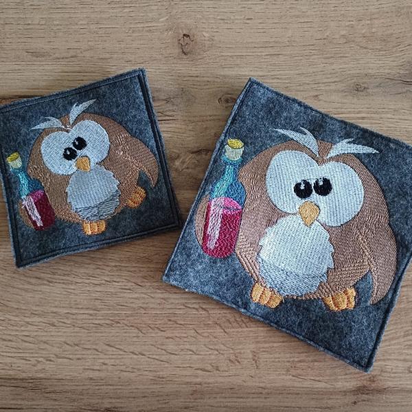 Vollstickdatei Eule mit Weinflasche